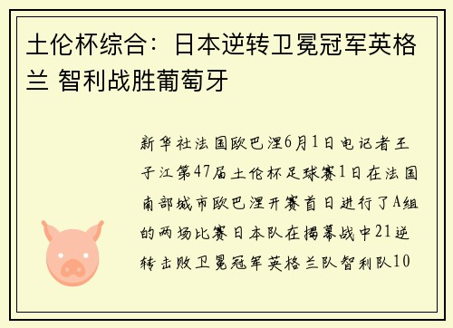 土伦杯综合：日本逆转卫冕冠军英格兰 智利战胜葡萄牙