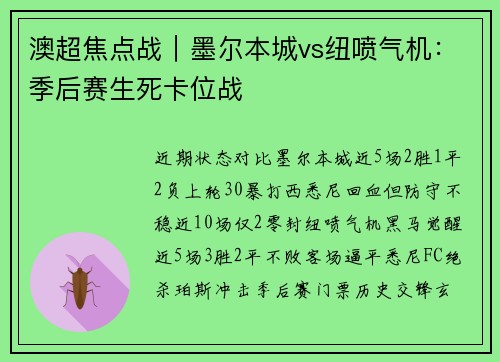 澳超焦点战｜墨尔本城vs纽喷气机：季后赛生死卡位战